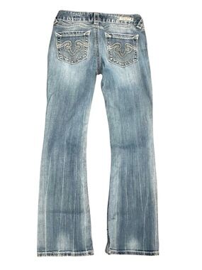 Express ReRock Y2K Bootcut Jeans Embroidered Flap Pockets Size 0 Short